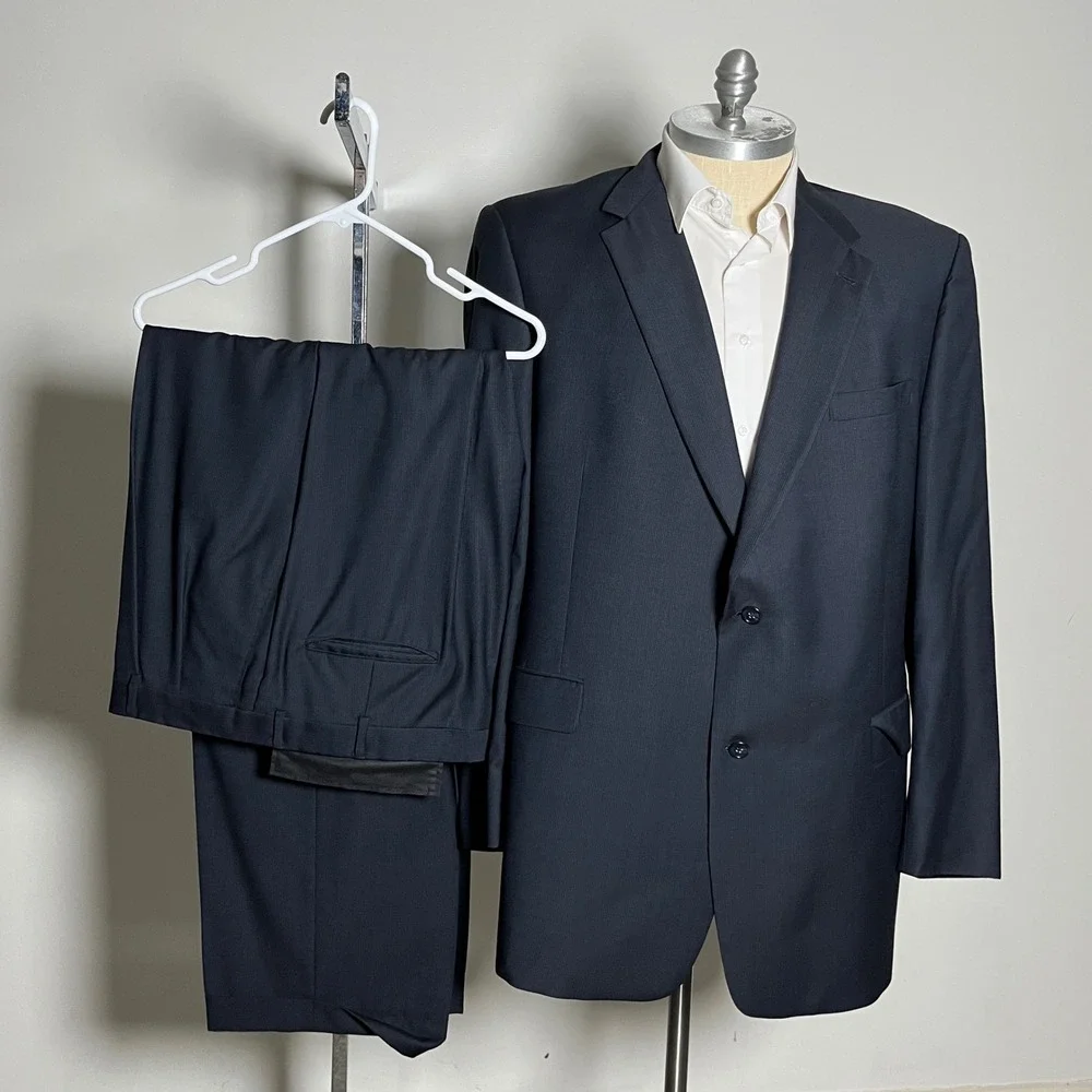 Hart Schaffner Marx Suit Mens 50L 42W Navy Blue Pinstripe Gold Trumpeter Wool